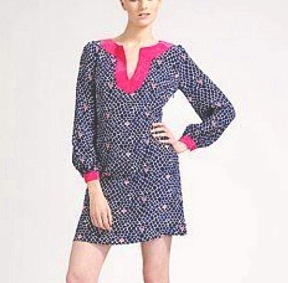 Lilly Pulitzer Silk Seashell Scallop Print Navy Pink Tunic Mini Dress Size 6